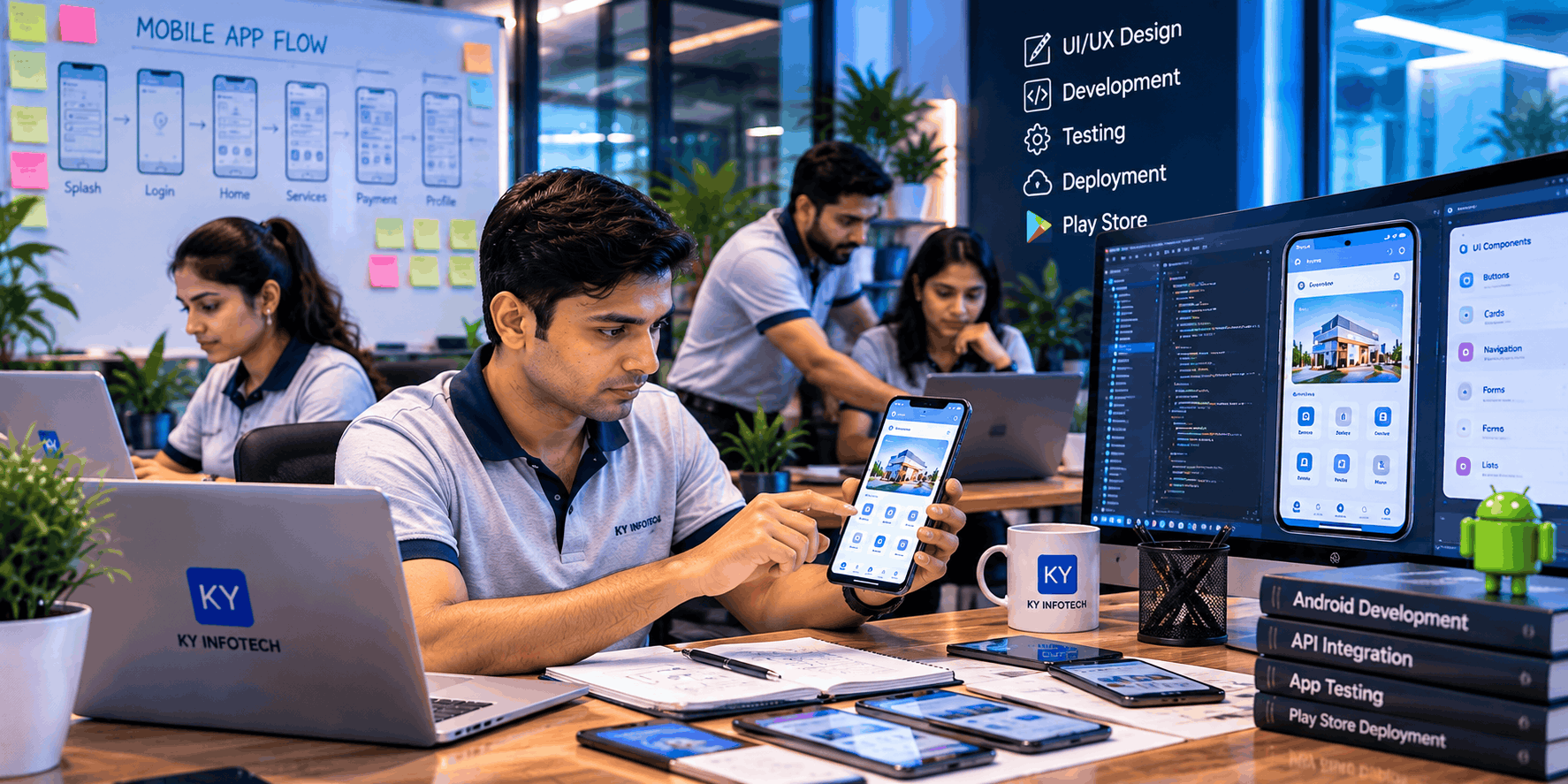 KY InfoTech employees testing an Android app on mobile devices